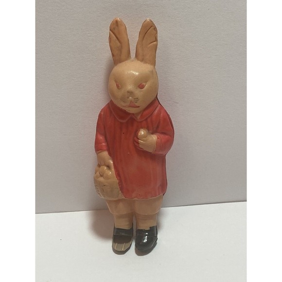 Rare Vintage 20s Victorian Celluloid Easter Bunny Eggs Basket Pink Eyes Rabbit - Picture 6 of 9